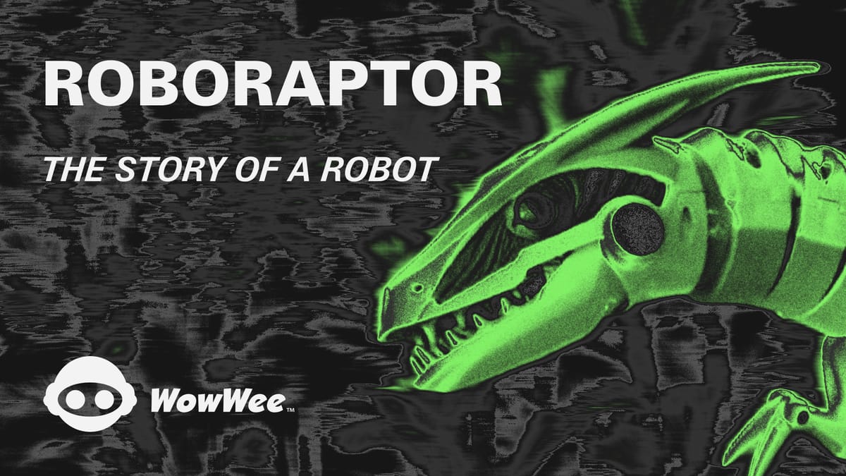 Roboraptor by WowWee robot dinosaur toy from 2005 by Mark Tilden — 32 inch predator with jaws, hunting mode, and infrared sensors — article by Robbie Conceptuel